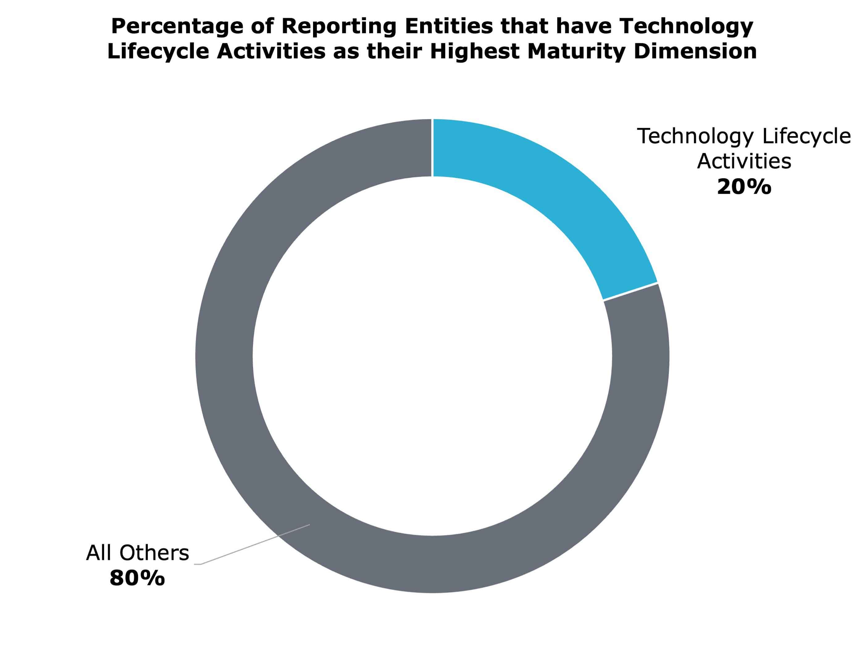 A donut chart shows the percentage of reporting entities with Technology Lifecycle Activities as their highest dimension: 20%. All others: 80%.